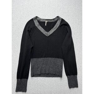 Free People Sweater Womens Petite Small Black Gray V Neck Wool Blend Pullover